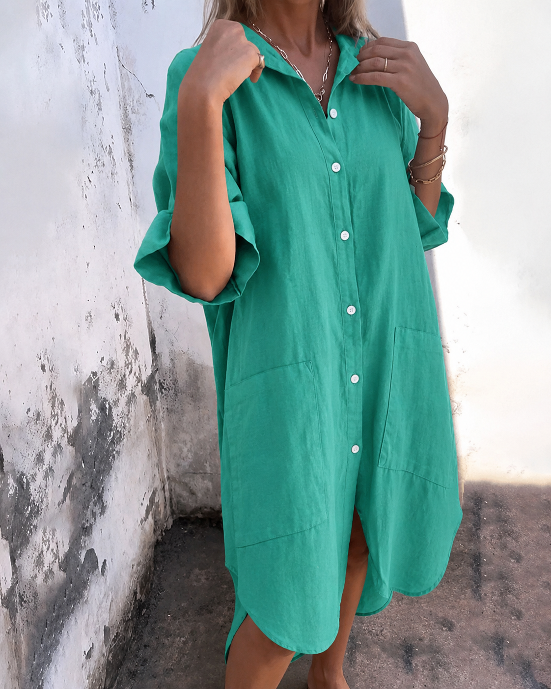 Robe Chemise Midi Femme Oversize avec Boutonnage et Fente Latérale