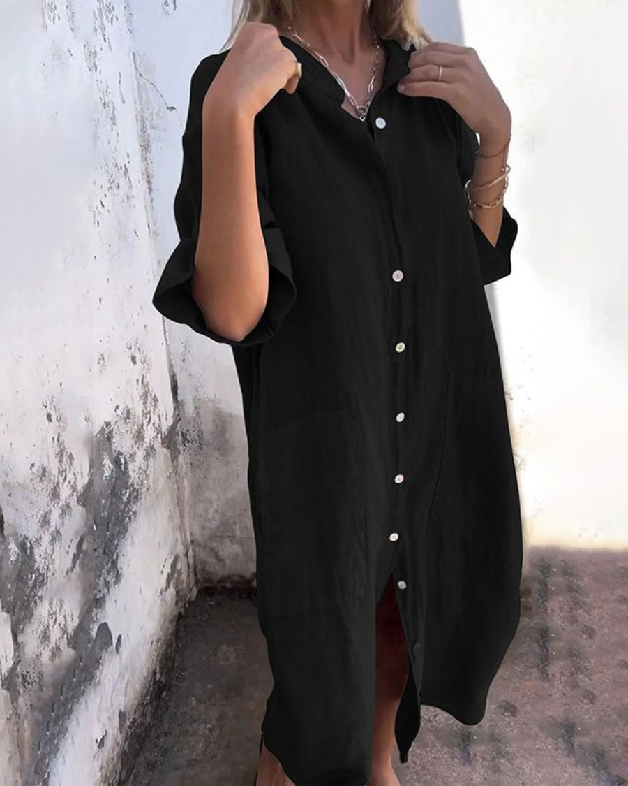 Robe Chemise Midi Femme Oversize avec Boutonnage et Fente Latérale