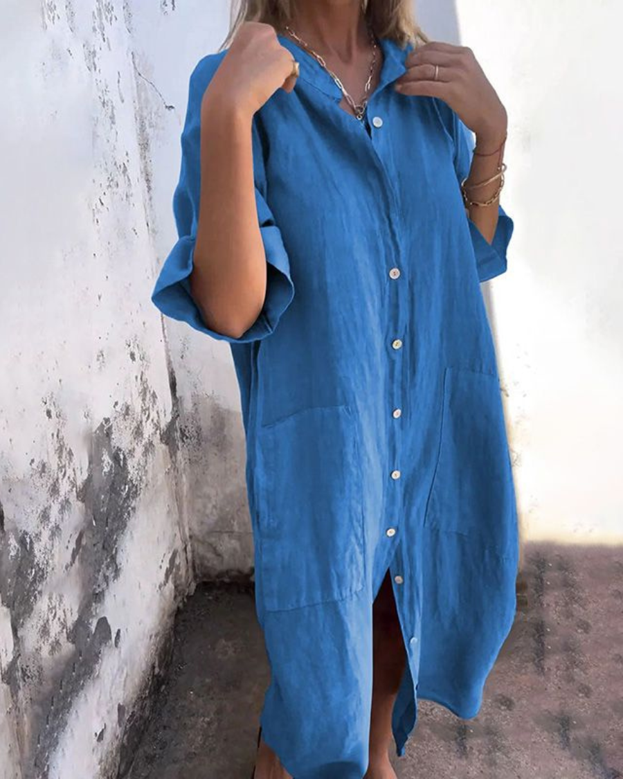 Robe Chemise Midi Femme Oversize avec Boutonnage et Fente Latérale