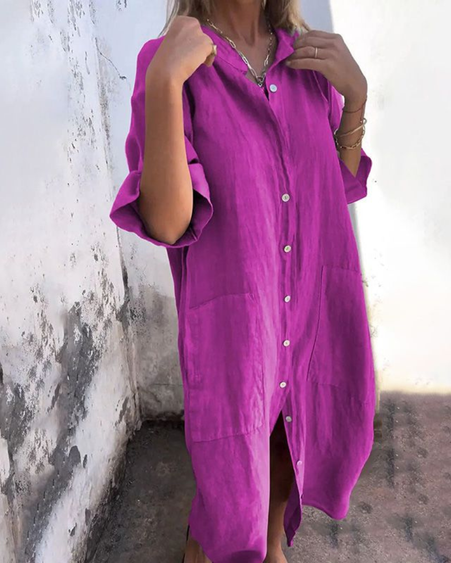 Robe Chemise Midi Femme Oversize avec Boutonnage et Fente Latérale