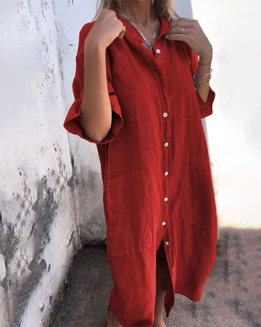 Robe Chemise Midi Femme Oversize avec Boutonnage et Fente Latérale
