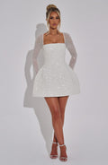 Robe Mini Femme avec Paillettes et Col Carré, Manches Longues et Silhouette A
