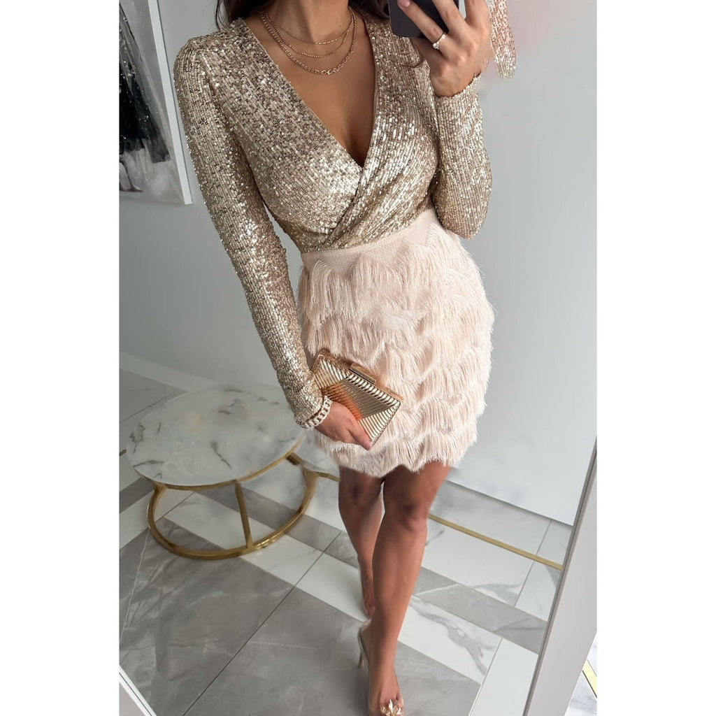 Robe Mini Femme avec Haut en Paillettes, Manches Longues, Col en V et Jupe à Franges