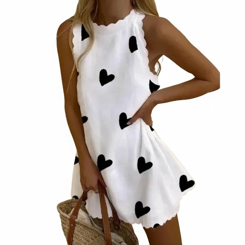 Robe Mini Femme Sans Manches avec Bord Ondulé et Col Rond