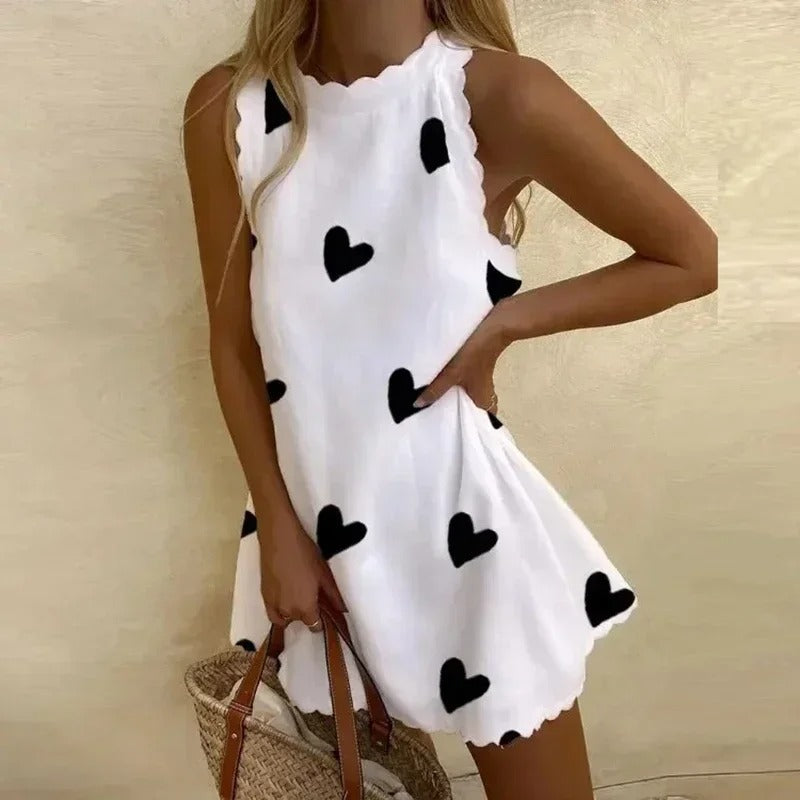 Robe Mini Femme Sans Manches avec Bord Ondulé et Col Rond