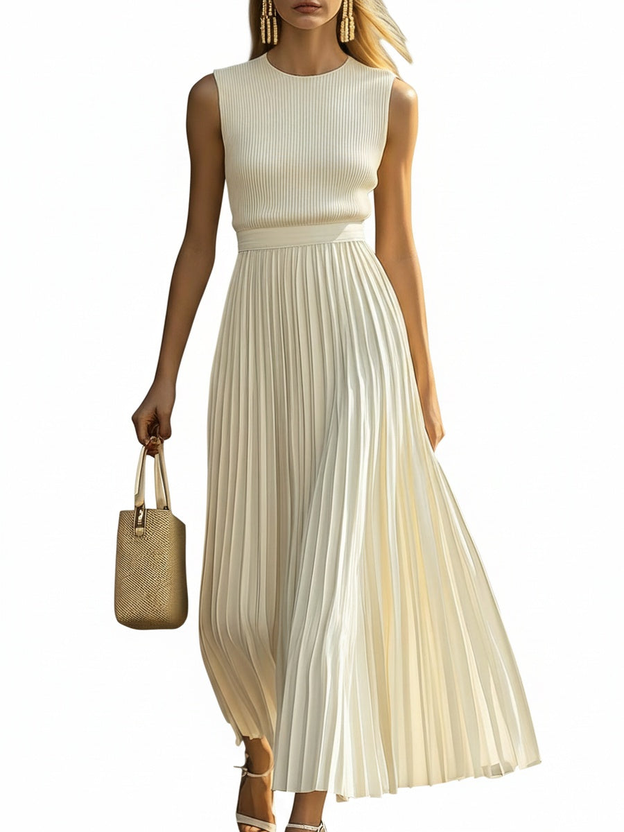 Robe Maxi Sans Manches pour Femmes avec Col Ronde et Jupe Plissée en A