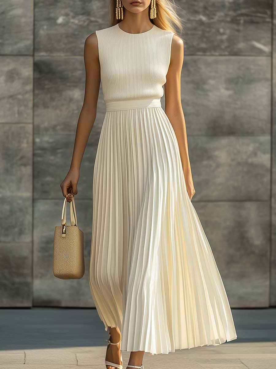 Robe Maxi Sans Manches pour Femmes avec Col Ronde et Jupe Plissée en A