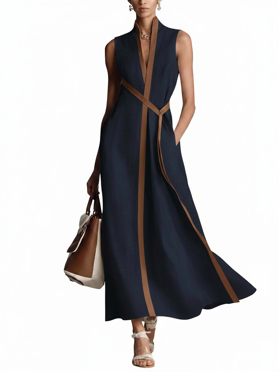 Robe Maxi Sans Manches pour Femmes avec Décolleté en V et Bord Contrastant