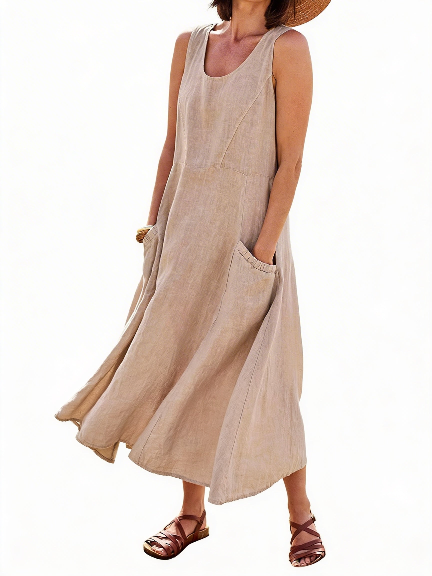 Robe Maxi Sans Manches pour Femmes avec Poches et Col Rond