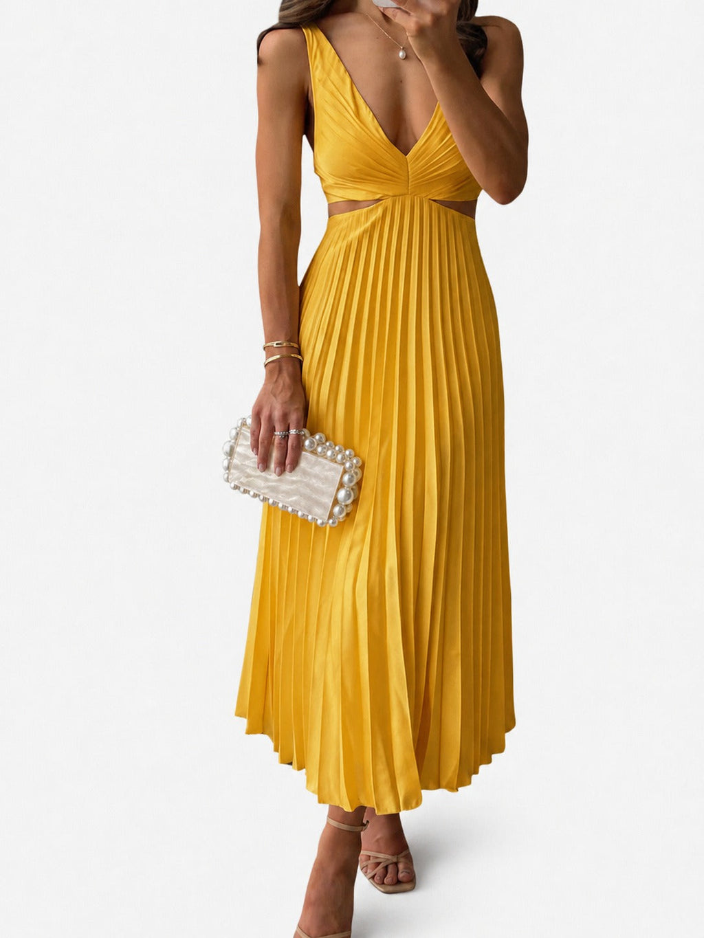 Robe Midi Sans Manches pour Femmes avec Décolleté en V et Jupe Plissée et Taille Découpée