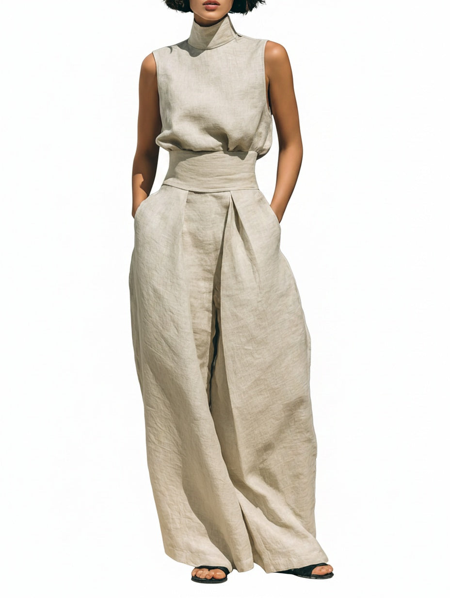 Ensemble Top Sans Manches et Pantalon Ample pour Femmes avec Col Montant