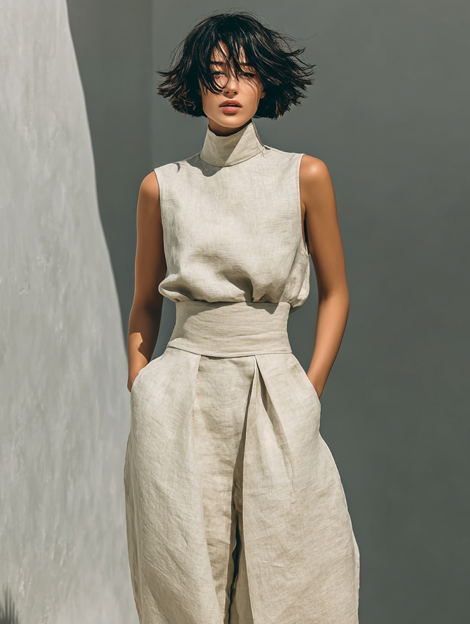 Ensemble Top Sans Manches et Pantalon Ample pour Femmes avec Col Montant
