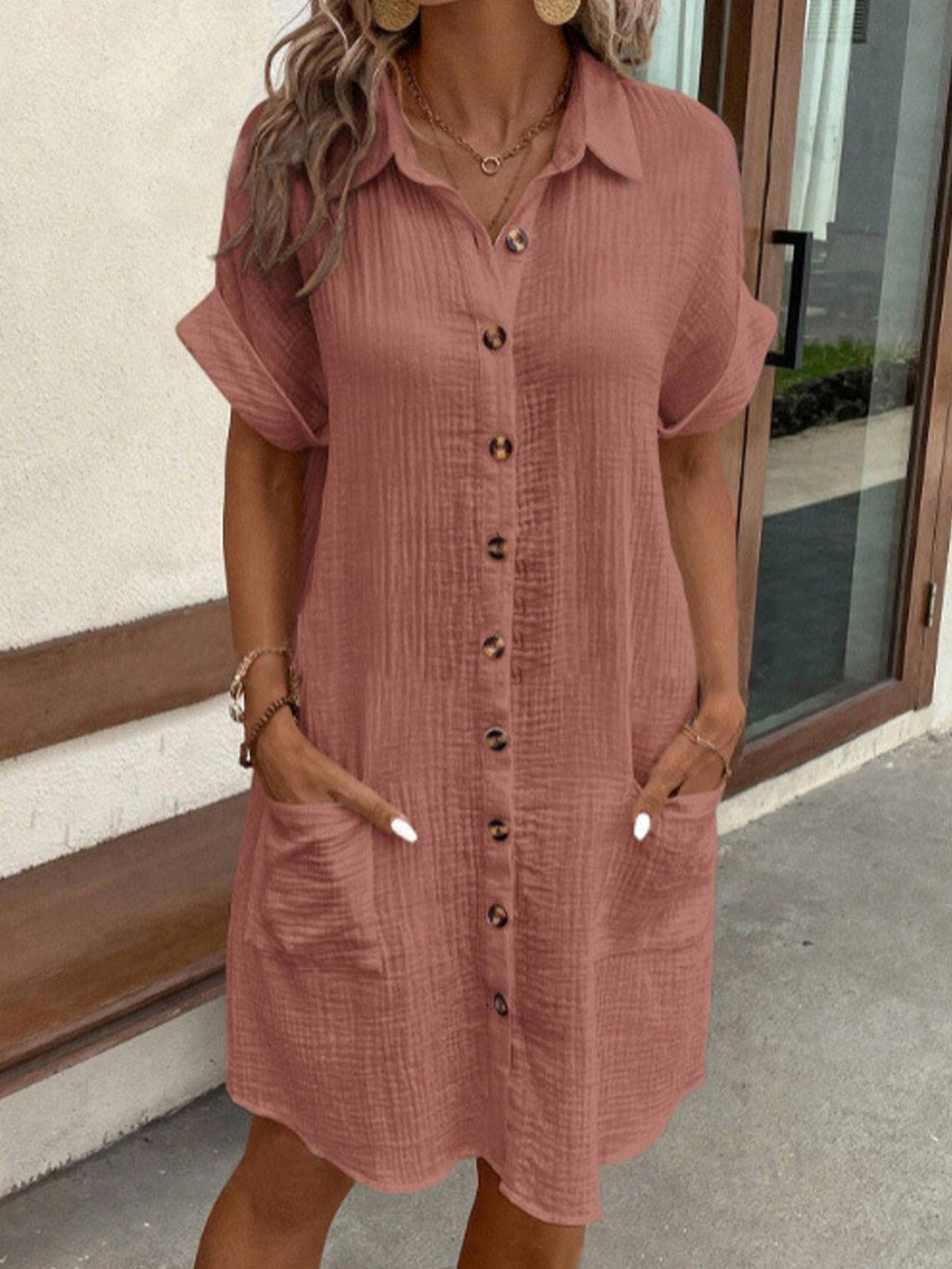 Robe Chemise Femme à Manches Courtes avec Boutonnage et Poches Latérales