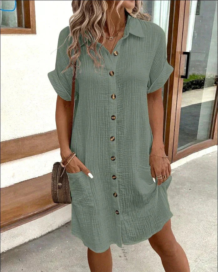 Robe Chemise Femme à Manches Courtes avec Boutonnage et Poches Latérales