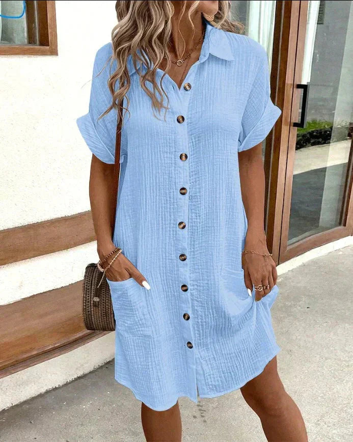 Robe Chemise Femme à Manches Courtes avec Boutonnage et Poches Latérales