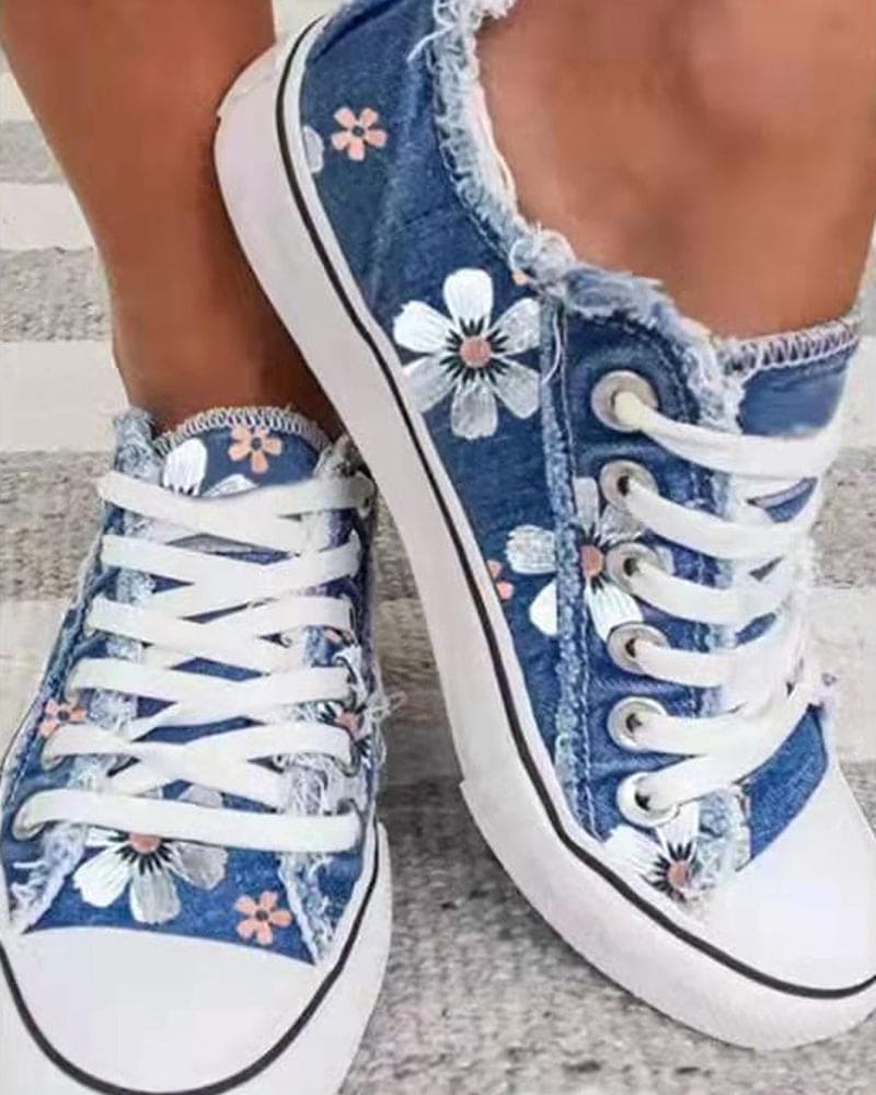 Baskets Dames avec Imprimé Floral et Bord Effiloché