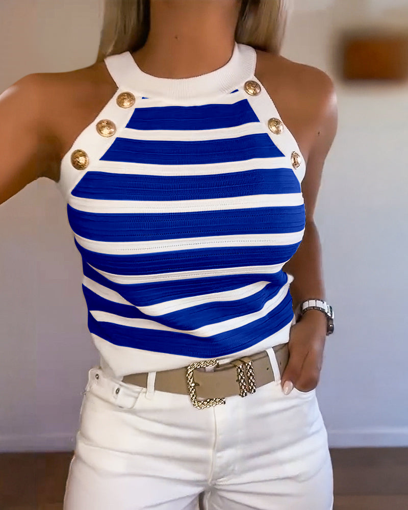 Débardeur Femme Sans Manches avec Col Halter, Rayures et Boutons Dorés
