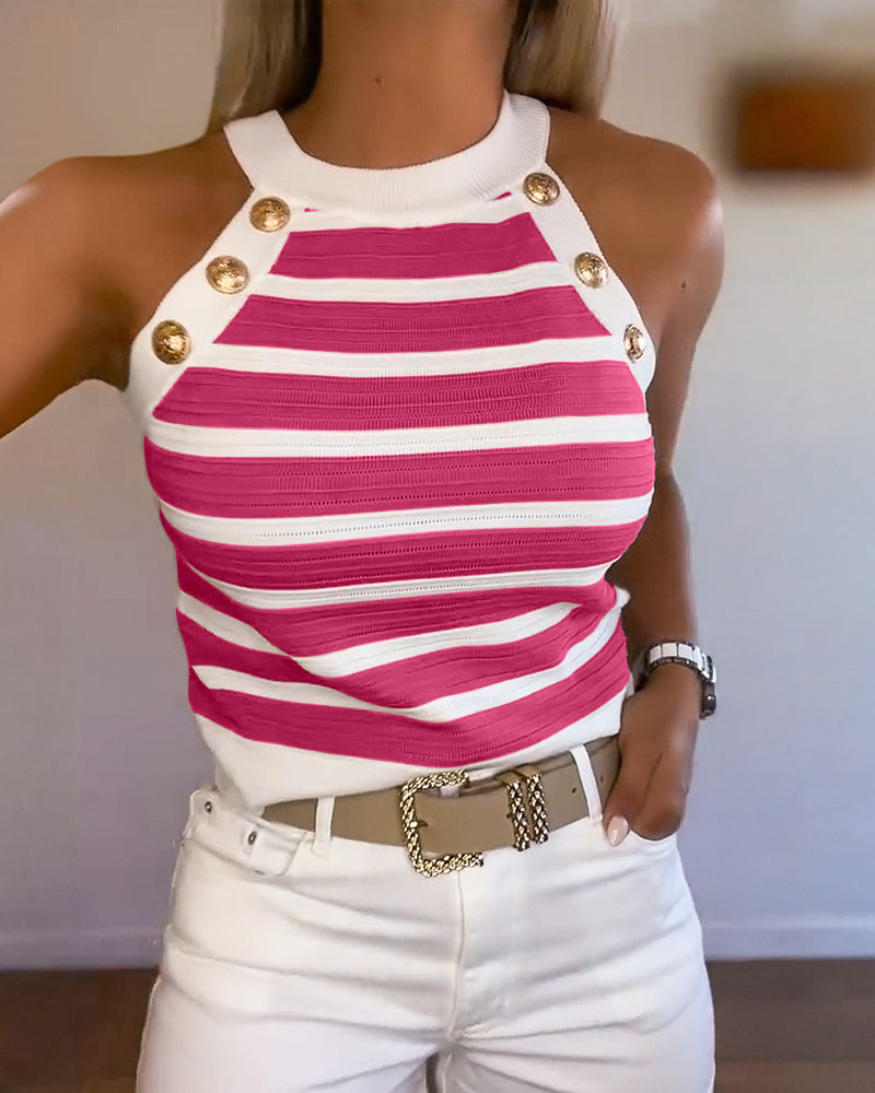 Débardeur Femme Sans Manches avec Col Halter, Rayures et Boutons Dorés