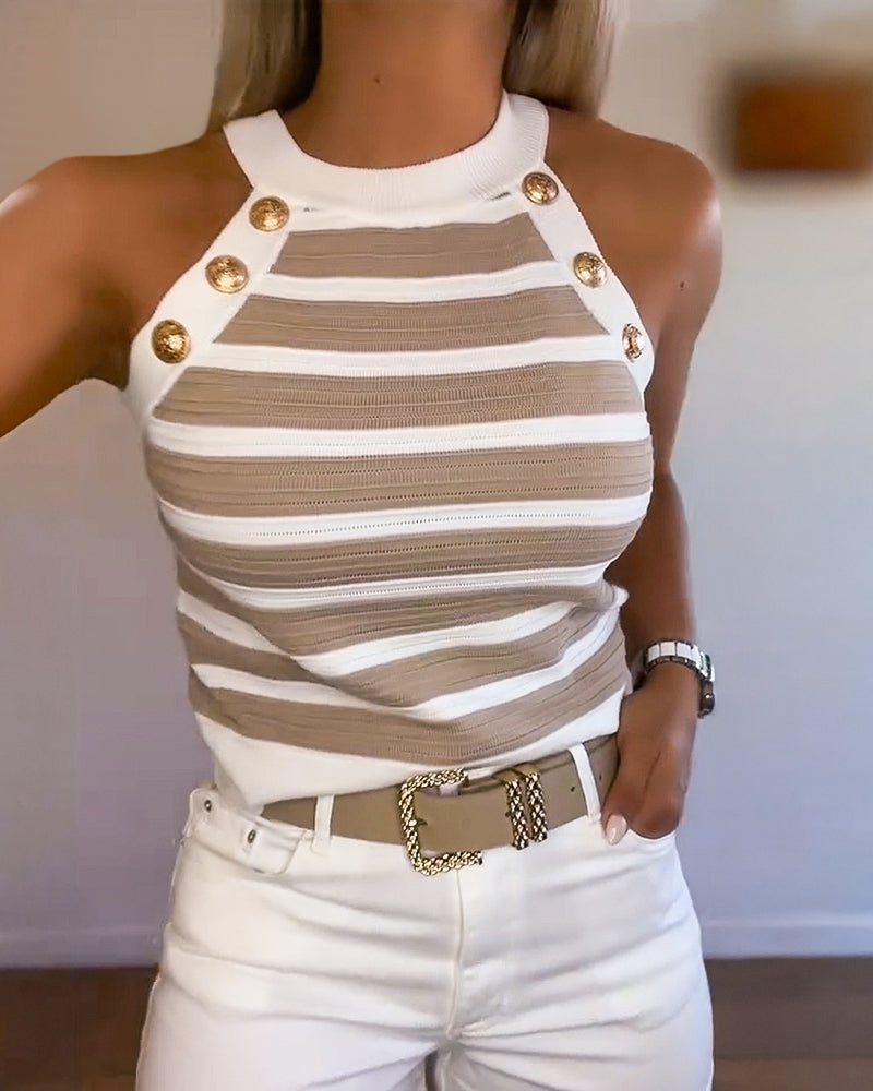 Débardeur Femme Sans Manches avec Col Halter, Rayures et Boutons Dorés