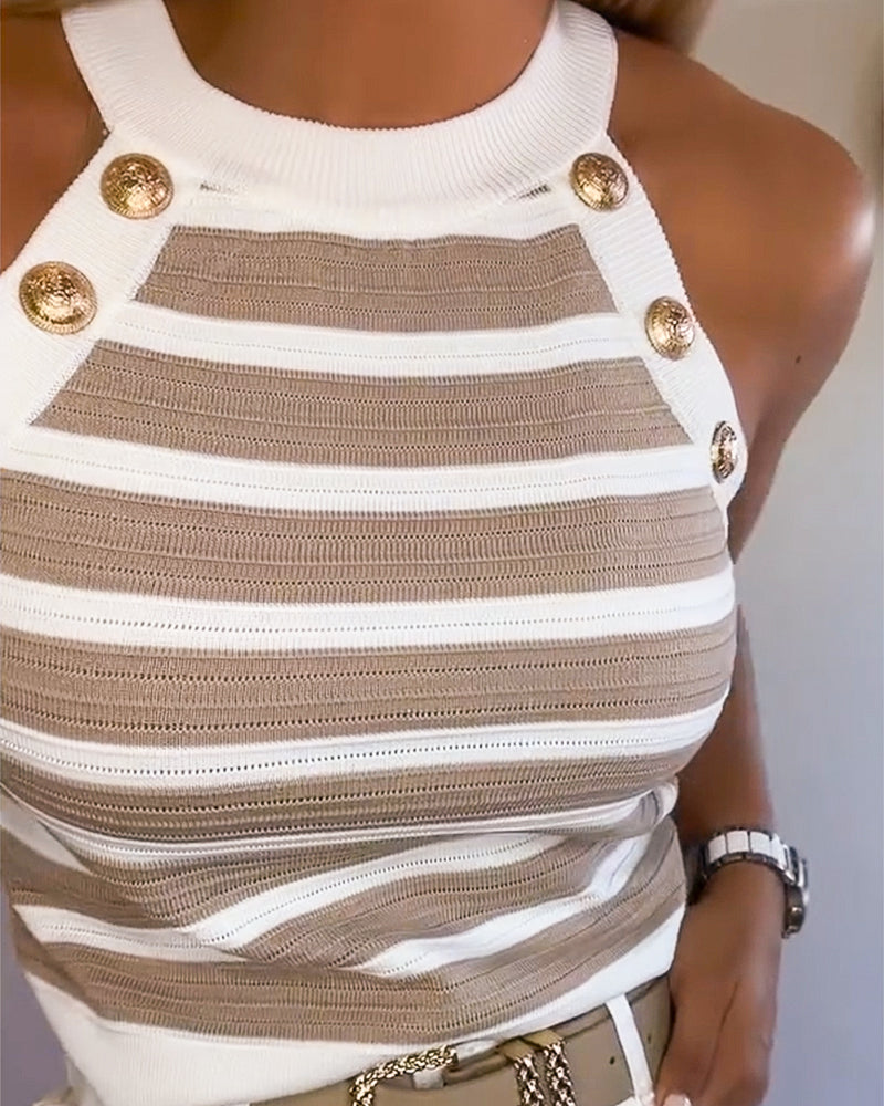 Débardeur Femme Sans Manches avec Col Halter, Rayures et Boutons Dorés