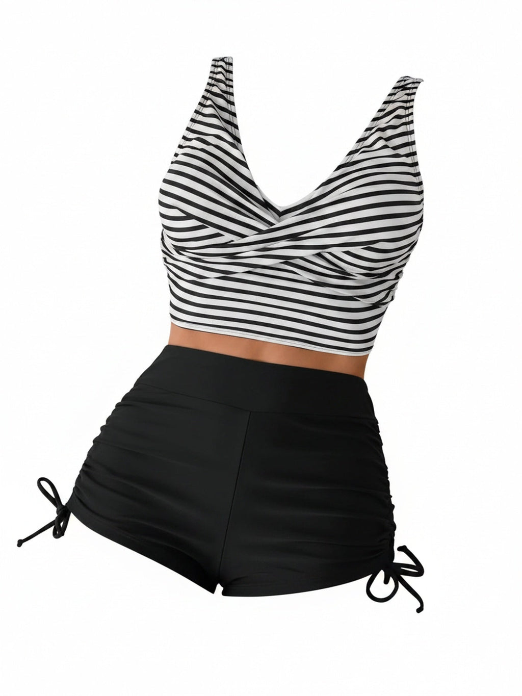 Ensemble de Bikini Tankini Femme à Taille Haute, Décolleté en V Twist et Haut Rayé