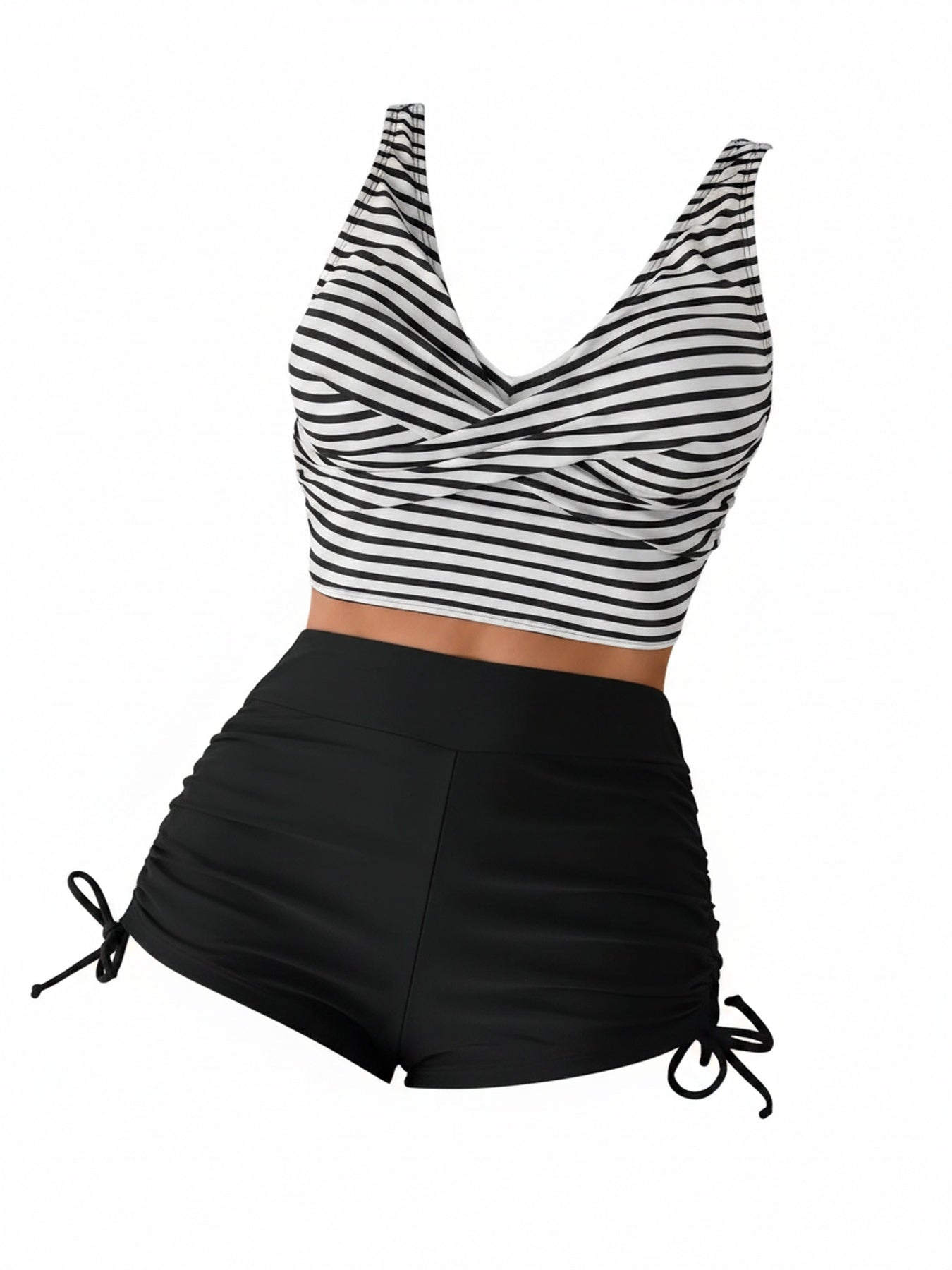 Ensemble de Bikini Tankini Femme à Taille Haute, Décolleté en V Twist et Haut Rayé