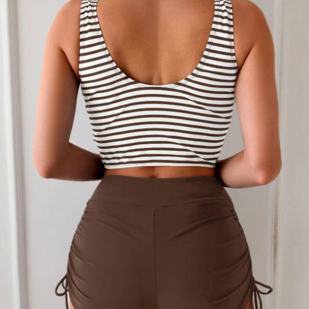 Ensemble de Bikini Tankini Femme à Taille Haute, Décolleté en V Twist et Haut Rayé