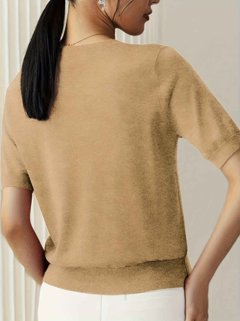 Pull Femme Tricoté à Manches Courtes avec Col Rond