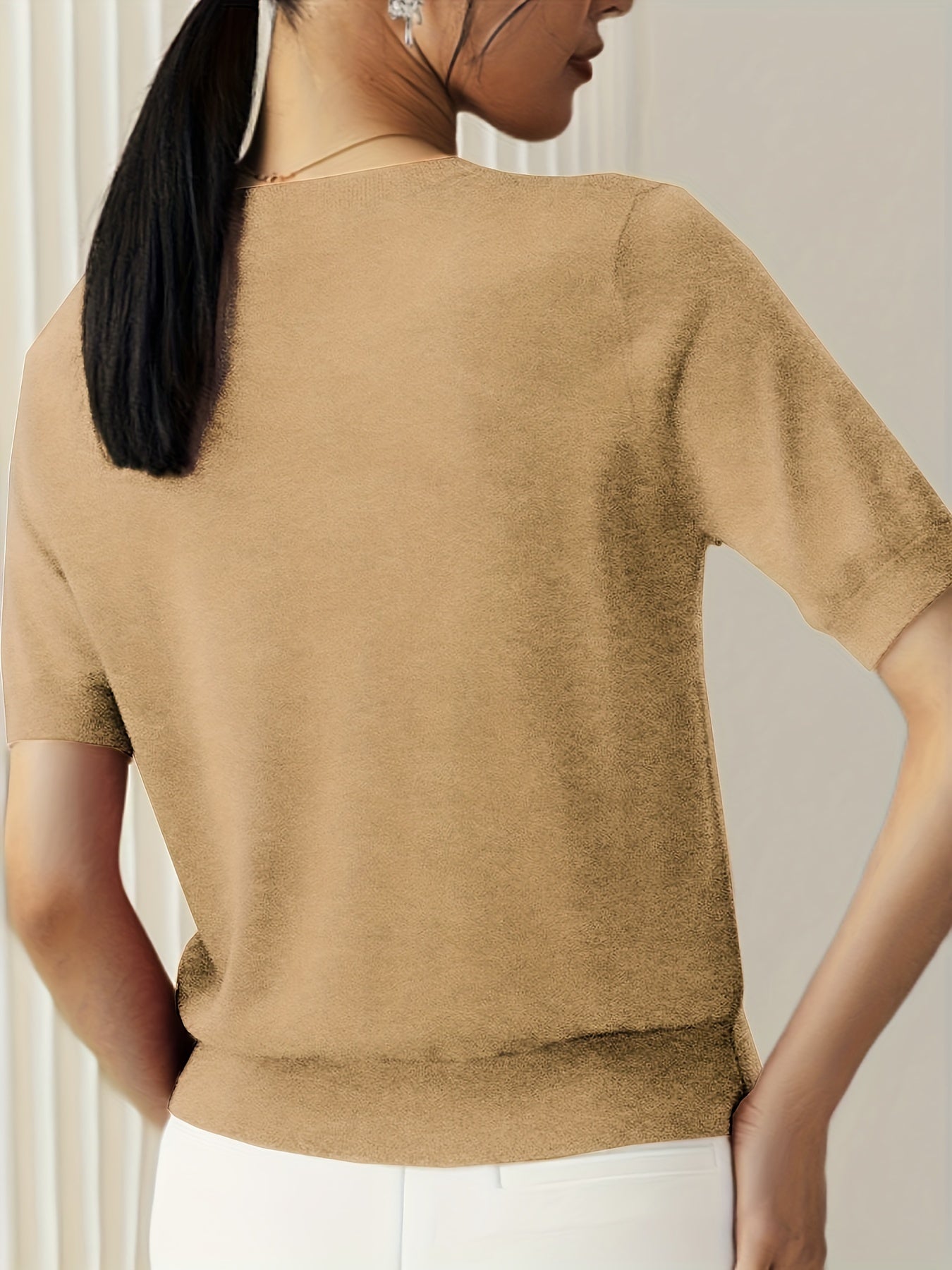 Pull Femme Tricoté à Manches Courtes avec Col Rond
