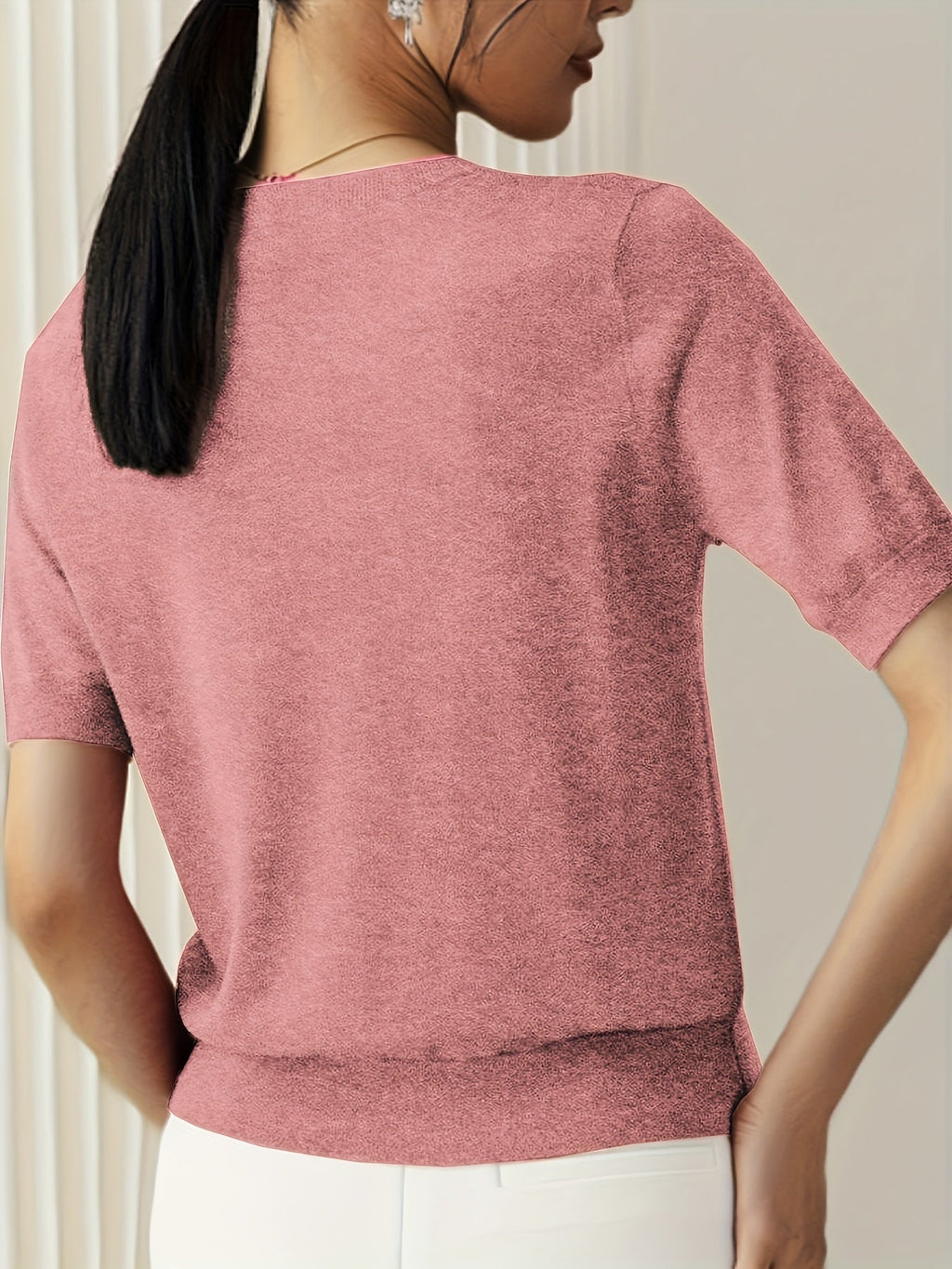 Pull Femme Tricoté à Manches Courtes avec Col Rond