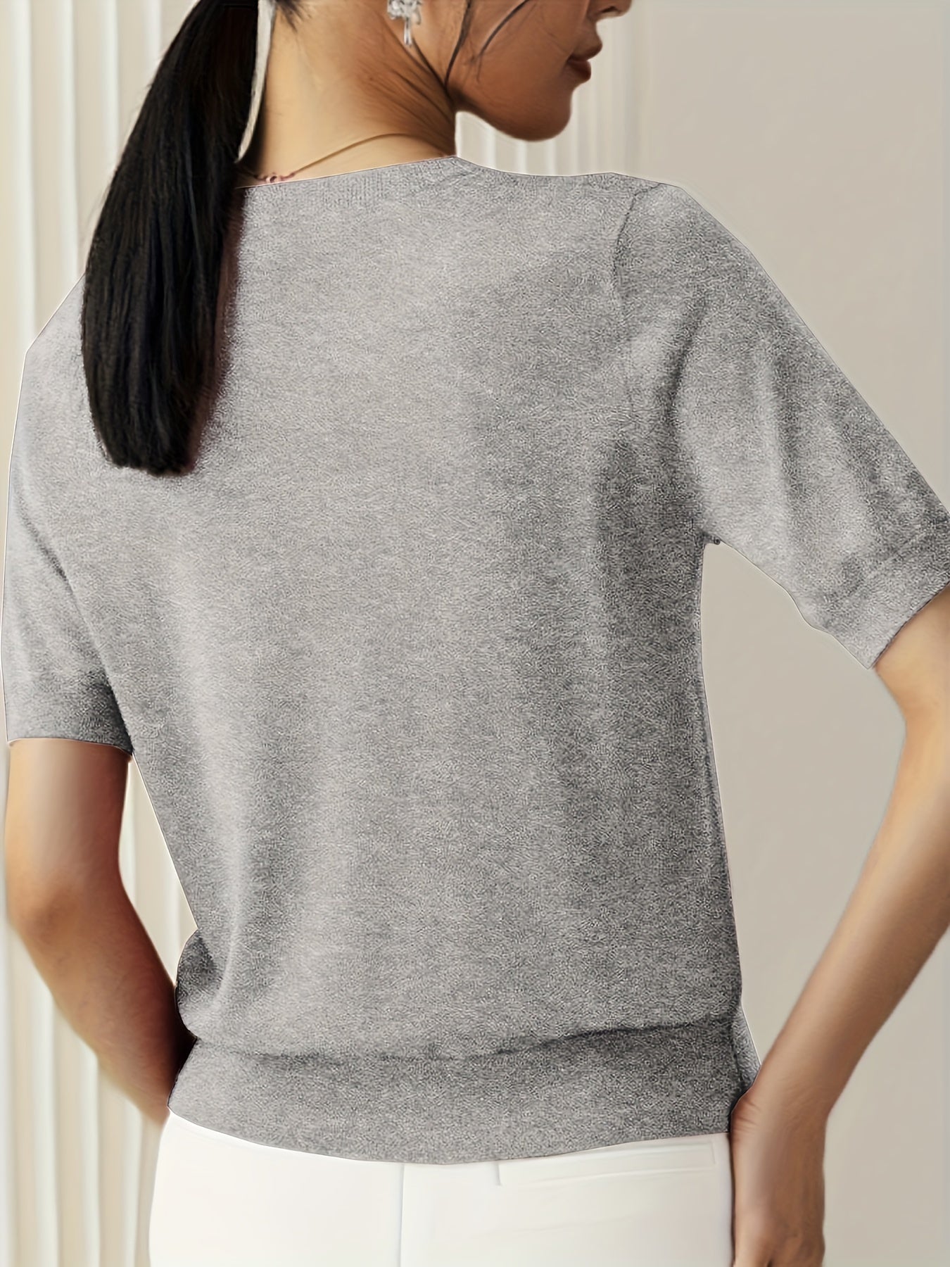 Pull Femme Tricoté à Manches Courtes avec Col Rond