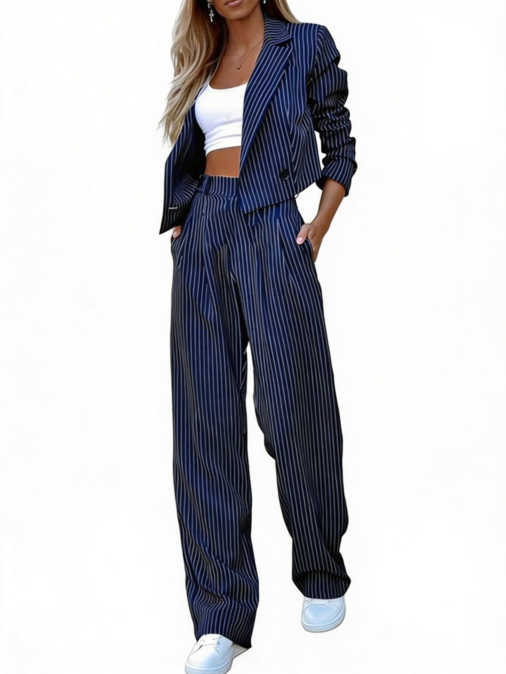 Costume Femme Deux Pièces avec Blazer Court et Pantalon Large
