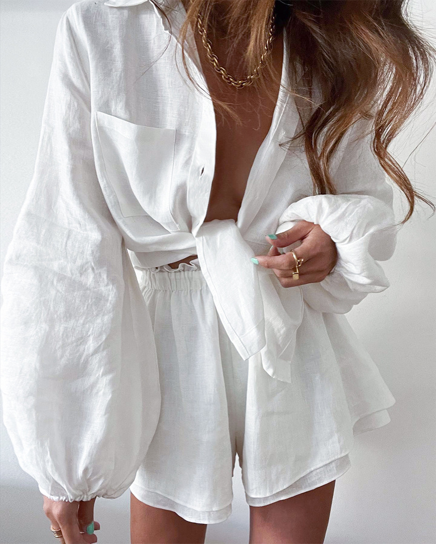 Ensemble Femme Deux Pièces Blouse et Shorts à Manches Longues