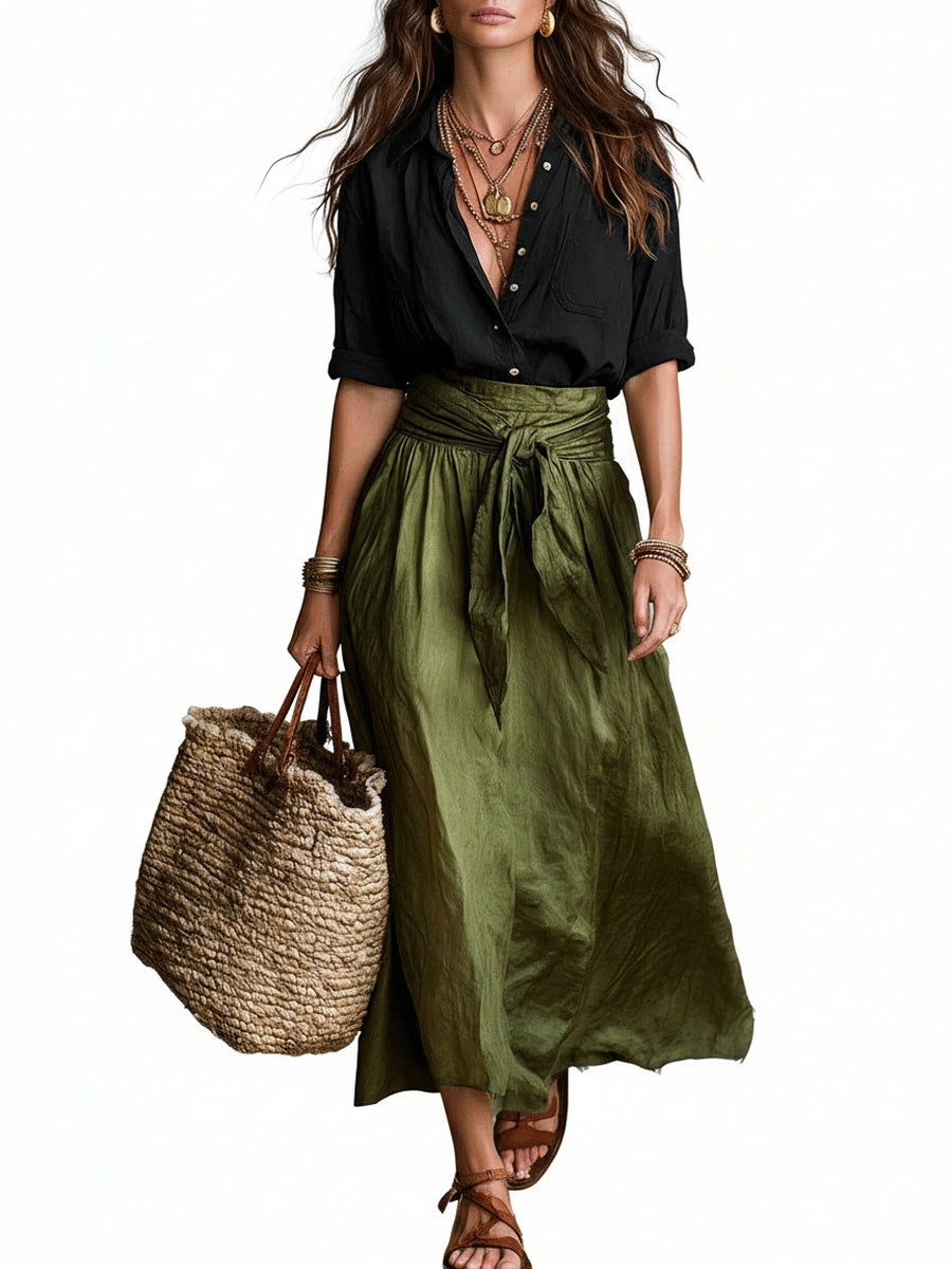 Ensemble Femme Jupe Midi avec Ceinture Nœud et Blouse à Boutons