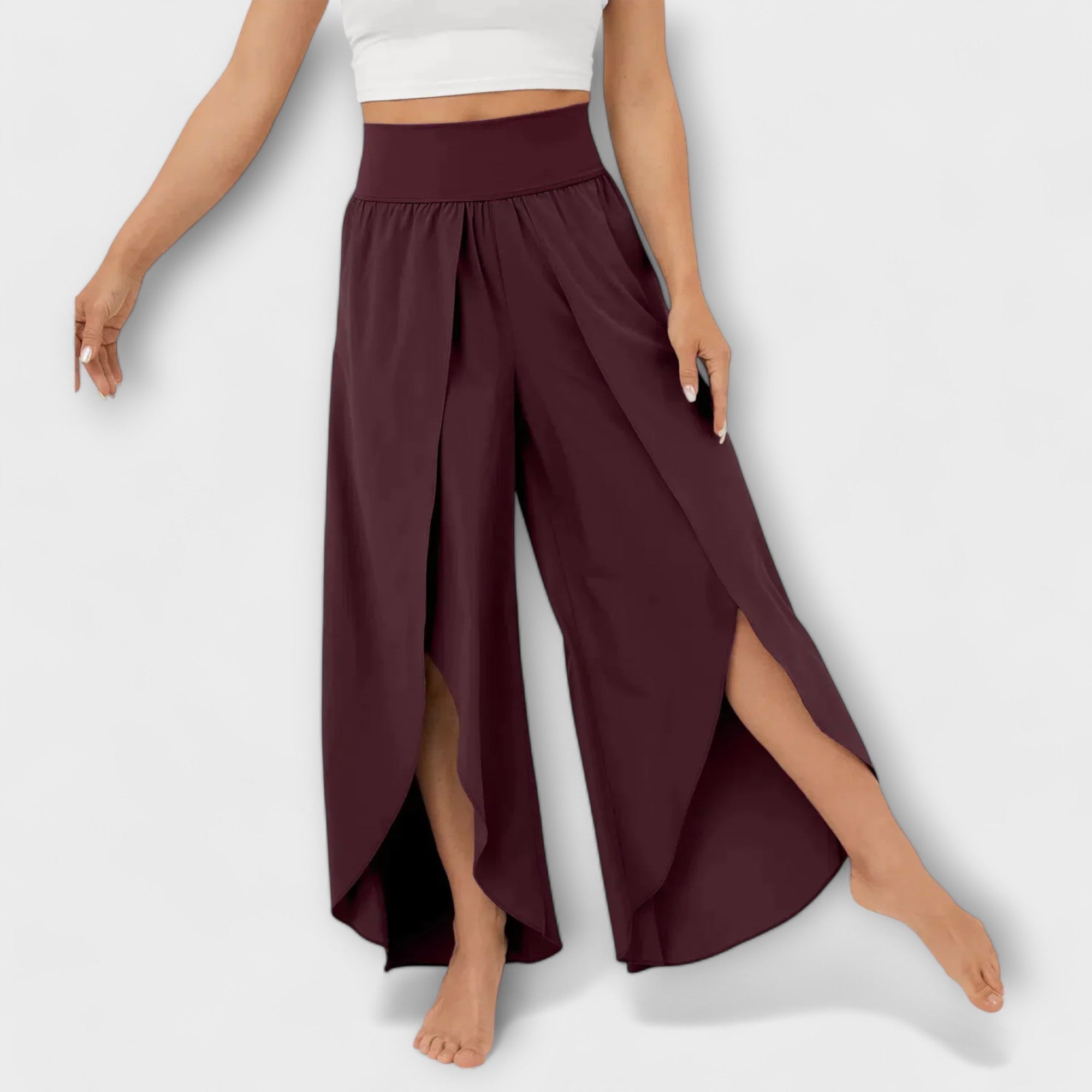 Pantalon Large Femme Taille Haute avec Fente Latérale