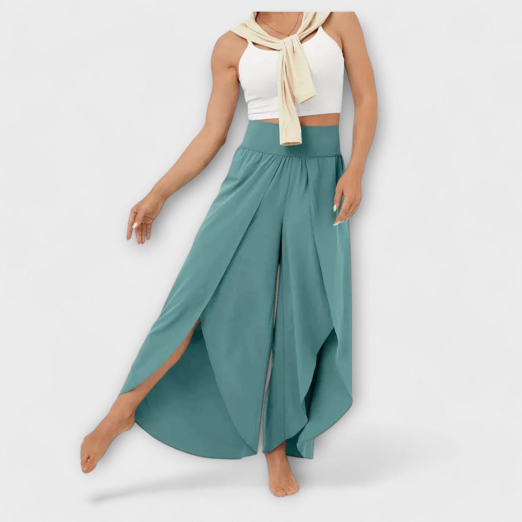 Pantalon Large Femme Taille Haute avec Fente Latérale
