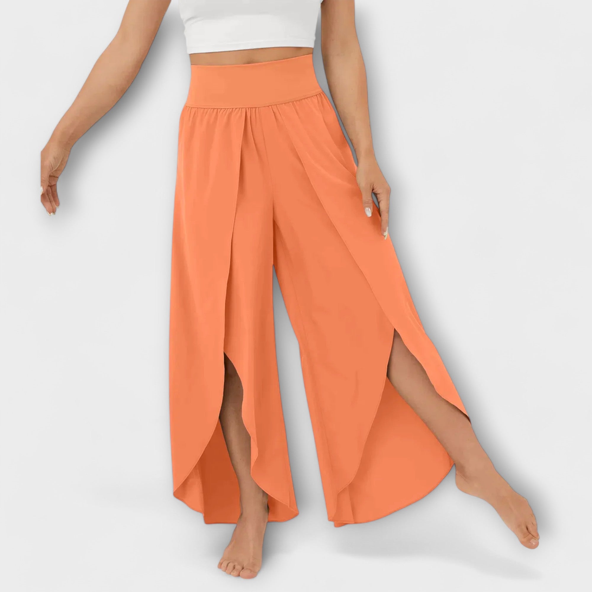 Pantalon Large Femme Taille Haute avec Fente Latérale