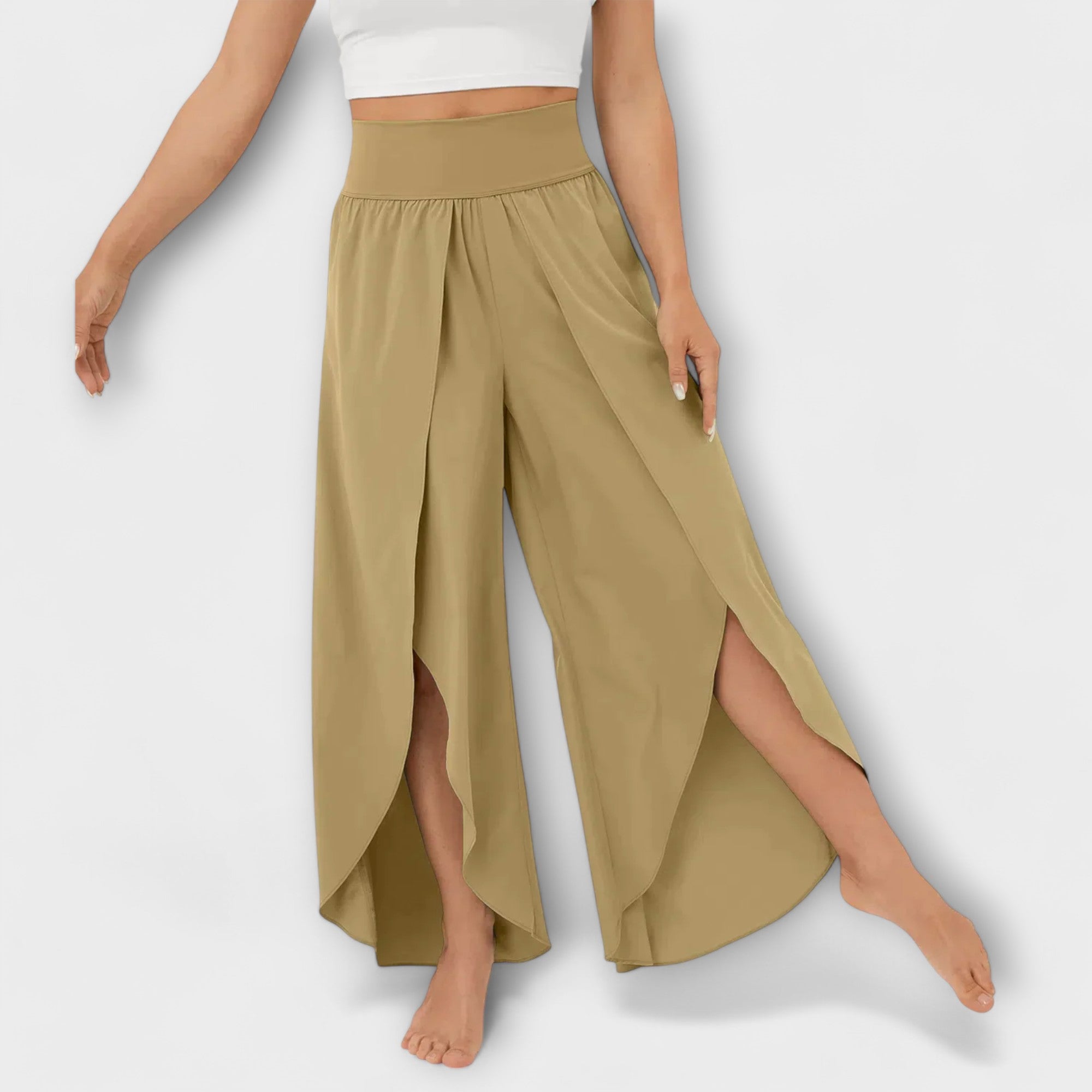 Pantalon Large Femme Taille Haute avec Fente Latérale