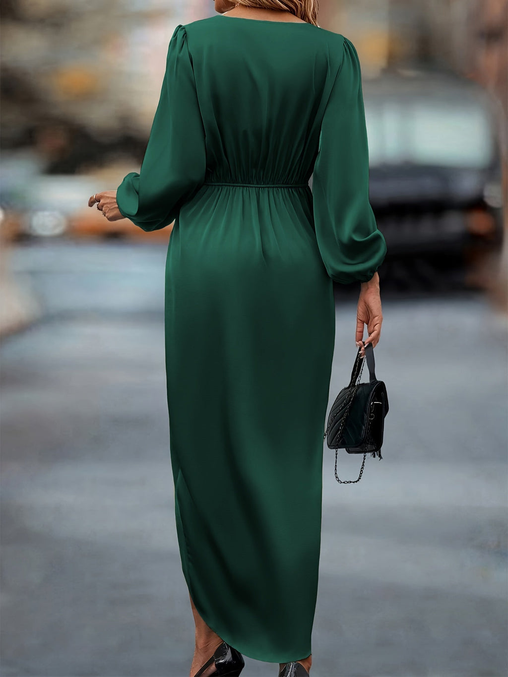 Robe Portefeuille à Plis avec Décolleté en V et Manches Ballon pour Occasions Festives