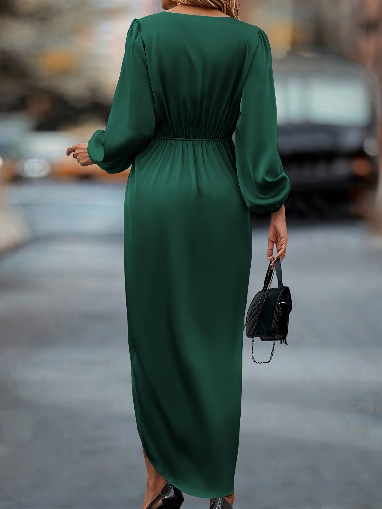 Robe Portefeuille à Plis avec Décolleté en V et Manches Ballon pour Occasions Festives