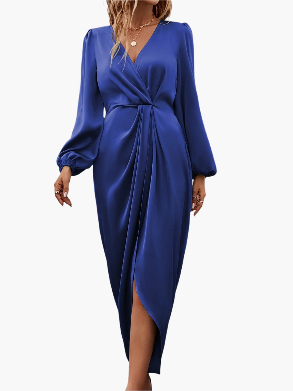 Robe Portefeuille à Plis avec Décolleté en V et Manches Ballon pour Occasions Festives