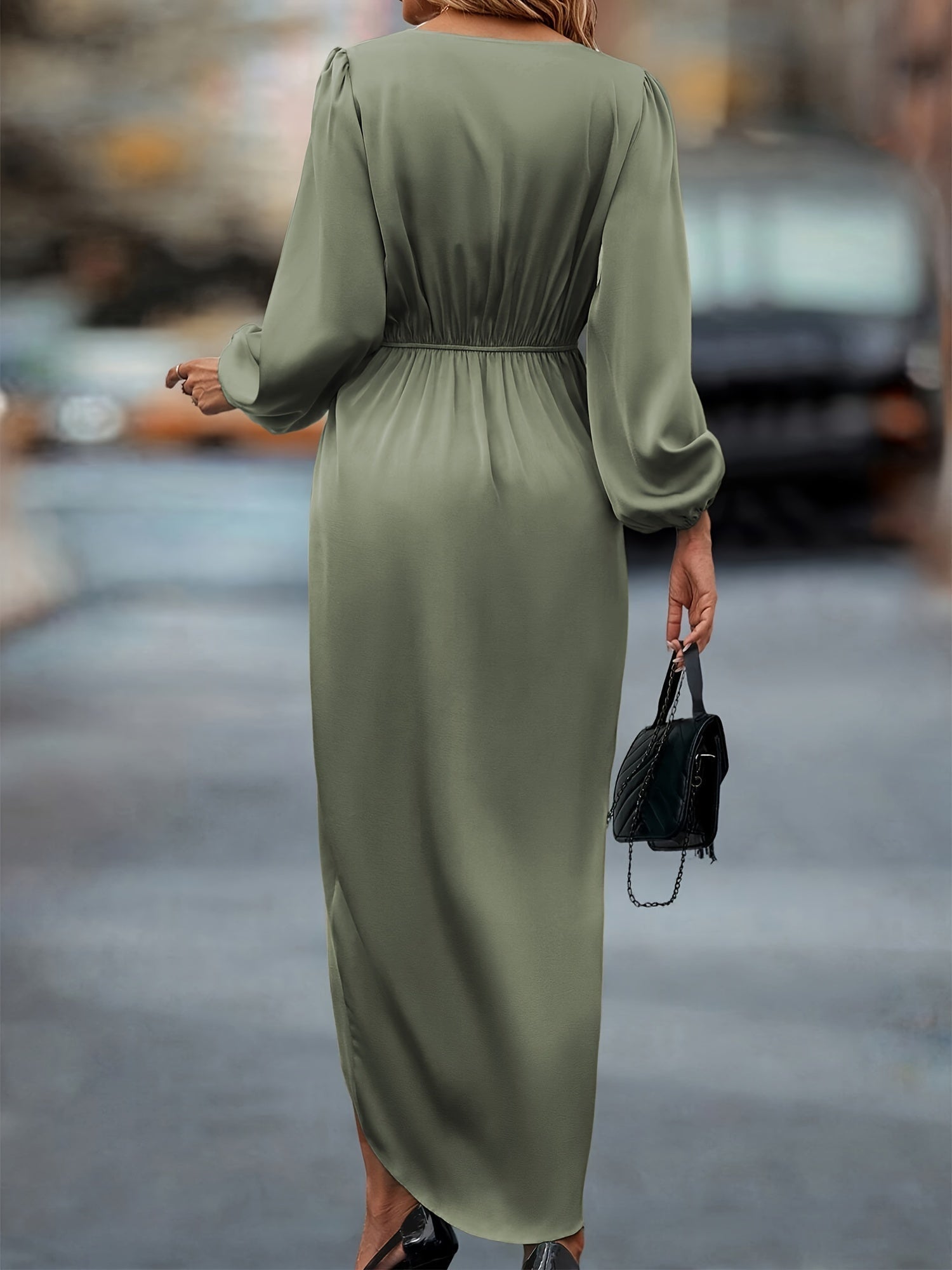 Robe Portefeuille à Plis avec Décolleté en V et Manches Ballon pour Occasions Festives