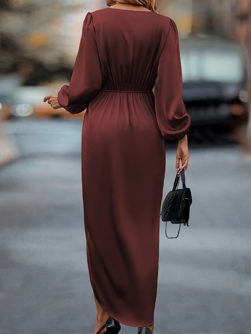 Robe Portefeuille à Plis avec Décolleté en V et Manches Ballon pour Occasions Festives