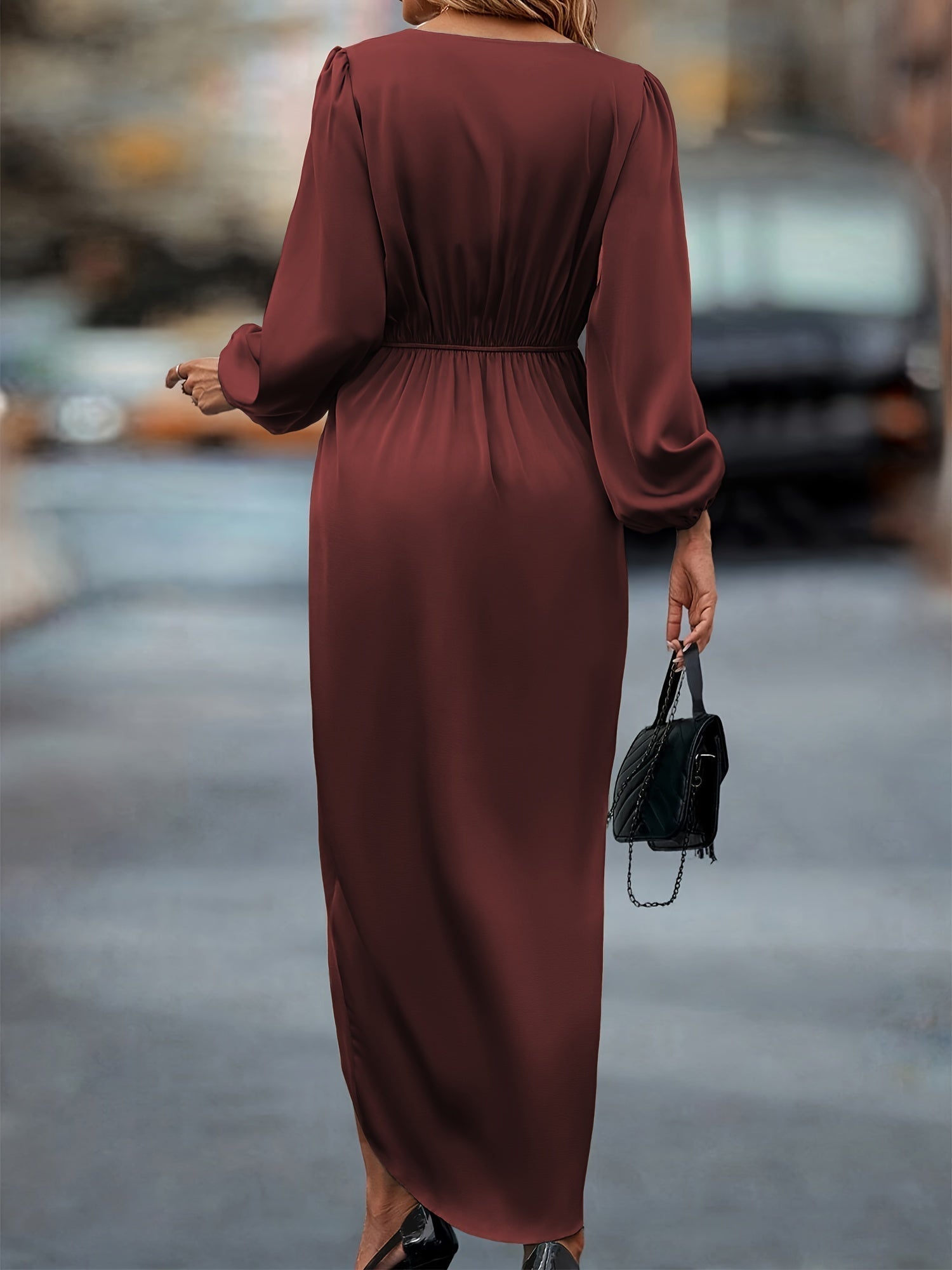 Robe Portefeuille à Plis avec Décolleté en V et Manches Ballon pour Occasions Festives
