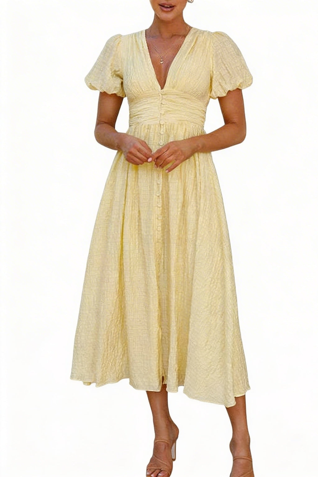Robe Midi d'Été pour Femmes avec Décolleté en V, Manches Bouffantes et Fermeture à Boutons