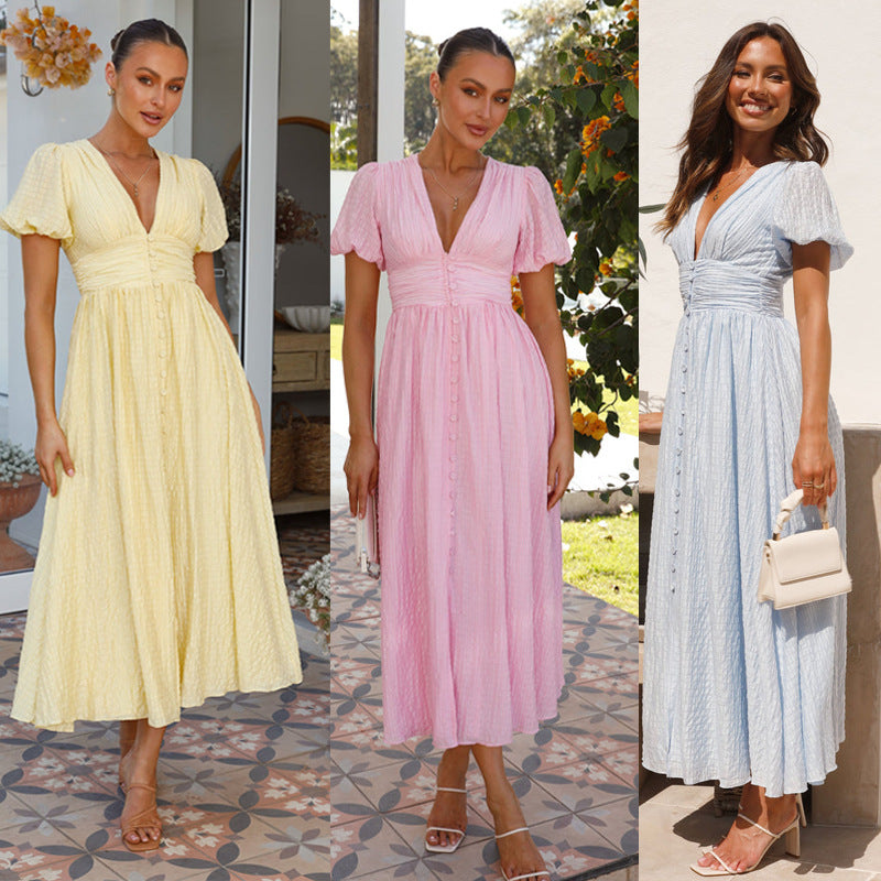 Robe Midi d'Été pour Femmes avec Décolleté en V, Manches Bouffantes et Fermeture à Boutons