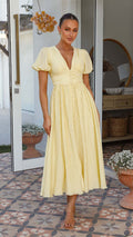 Robe Midi d'Été pour Femmes avec Décolleté en V, Manches Bouffantes et Fermeture à Boutons
