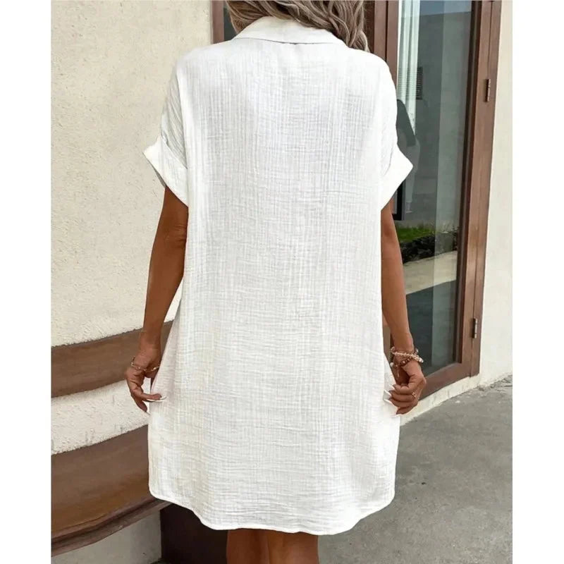Robe d'été Femme à Manches Courtes avec Col Boutonné et Poches