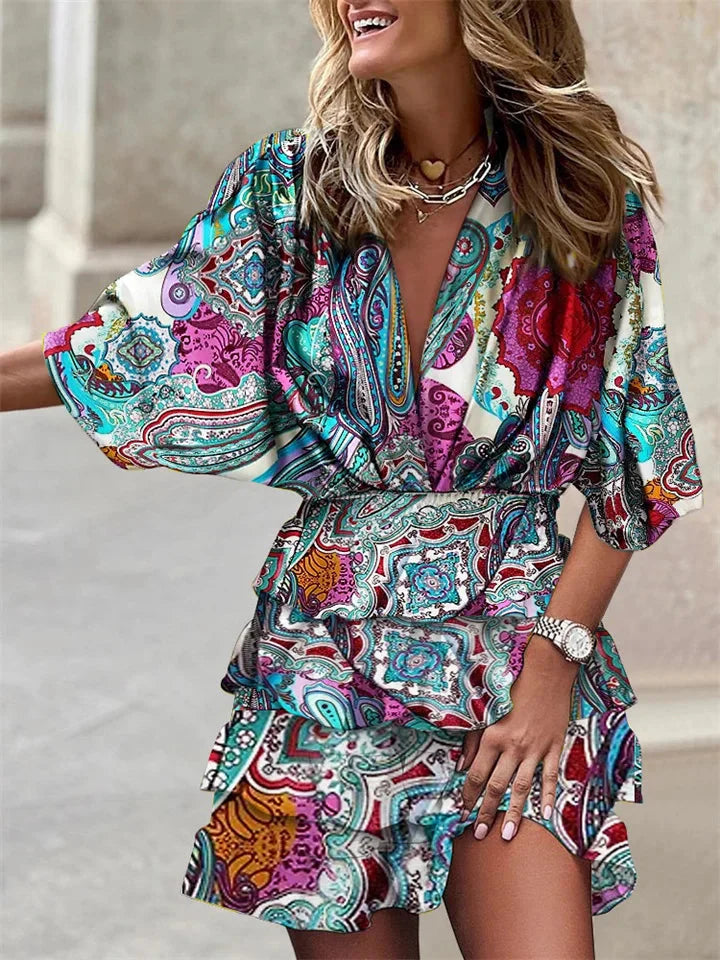 Robe d'été Femme à manches courtes avec décolleté en V et volants