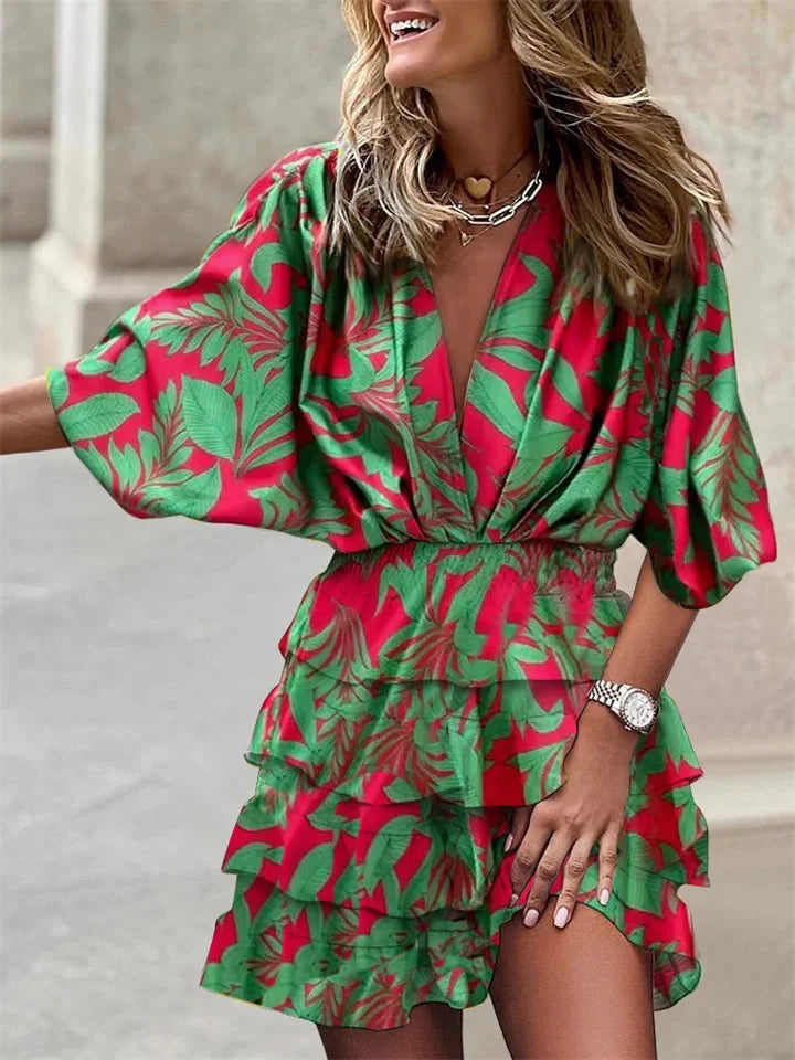 Robe d'été Femme à manches courtes avec décolleté en V et volants